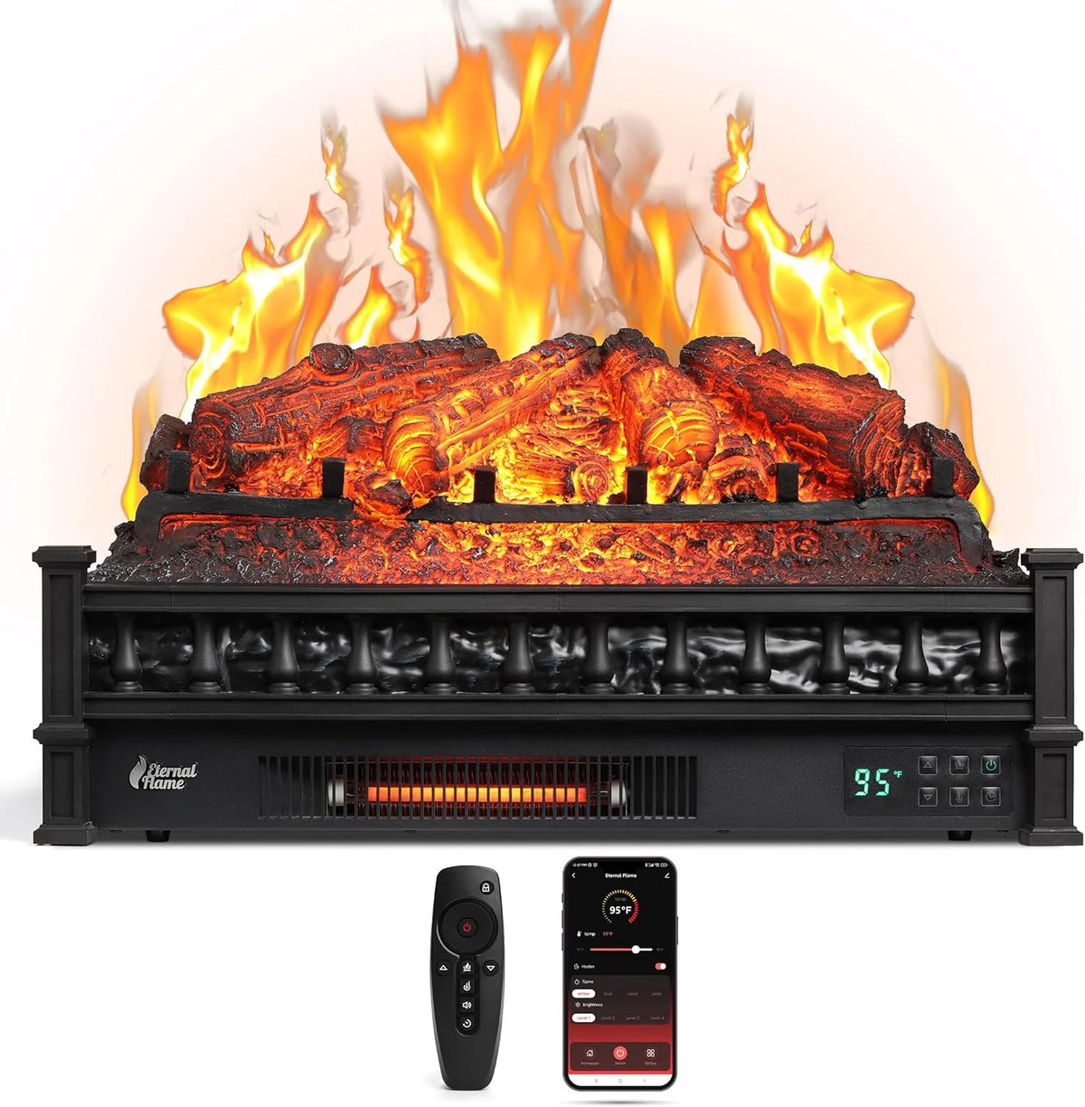 TURBRO Eternal Flame 26 in. WiFi Infrared Quartz Electric Fireplace Log Heater with Sound Crackling, Realistic Pinewood Logs, Adjustable Flame Colors, Remote Control, Thermostat, Timer, 1500W Bronze