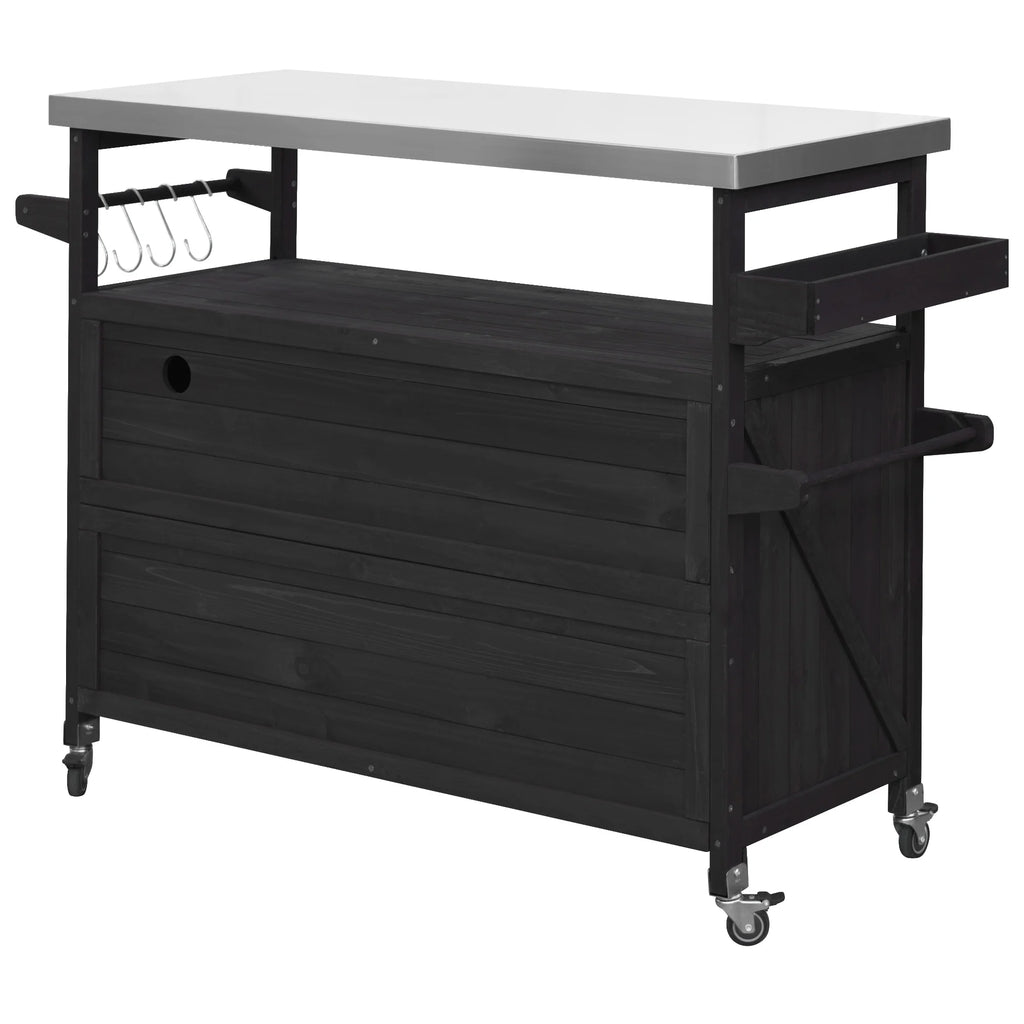 Outdoor Kitchen Island, Rolling Bar Cart & Storage Cabinet, Farmhouse Solid Wood Outdoor Grill Table with Stainless Steel Top, Spice Rack , Towel Rack for Kitchen & BBQ , Natural