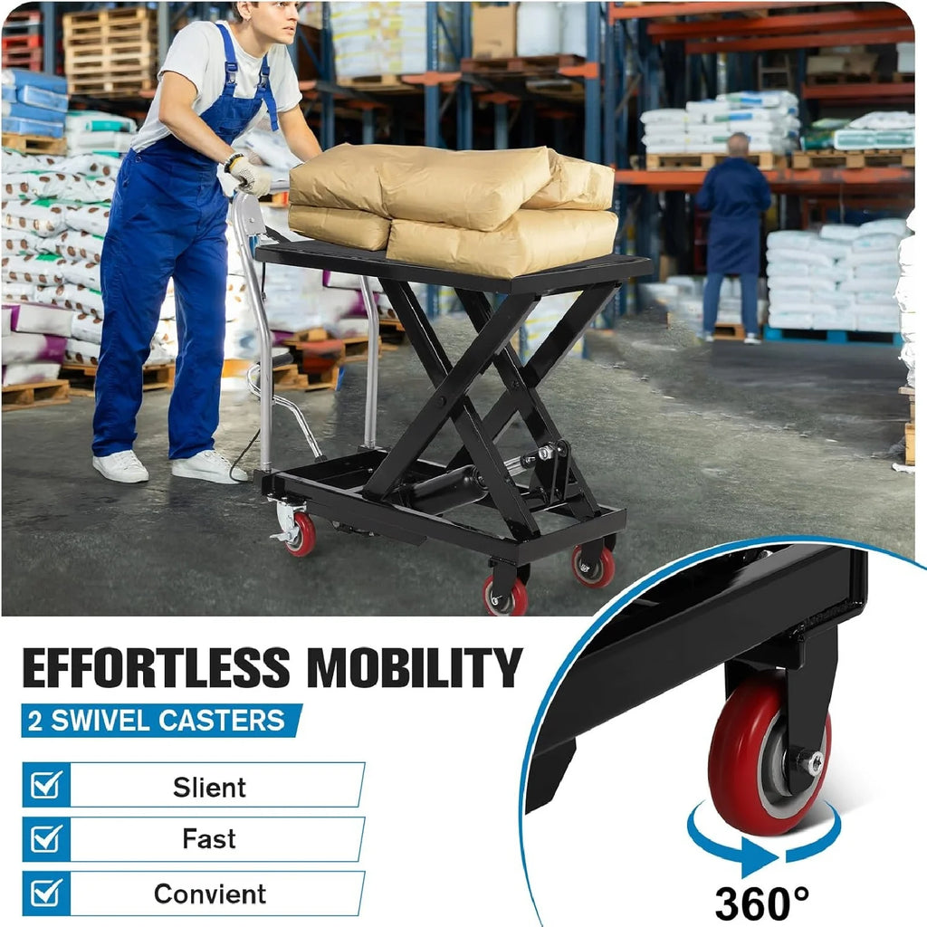 M optimized Hydraulic Lift Table, 500 Lbs Capacity Hydraulic Table Cart, Single Scissor Lift Cart 28.5 Inch Lifting Height with 4 Wheels and Non-Slip Pad for Material Handling, Black