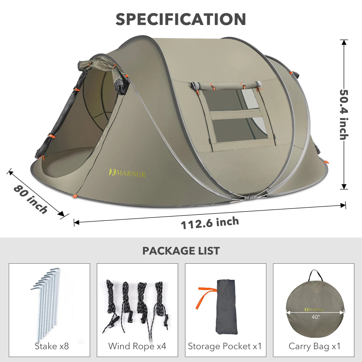 MARNUR Instant Tent 4-Person Camp Tent, Auto Setup Pop Up Tent, Pordable, Huge Door & Windows, Dark Blue