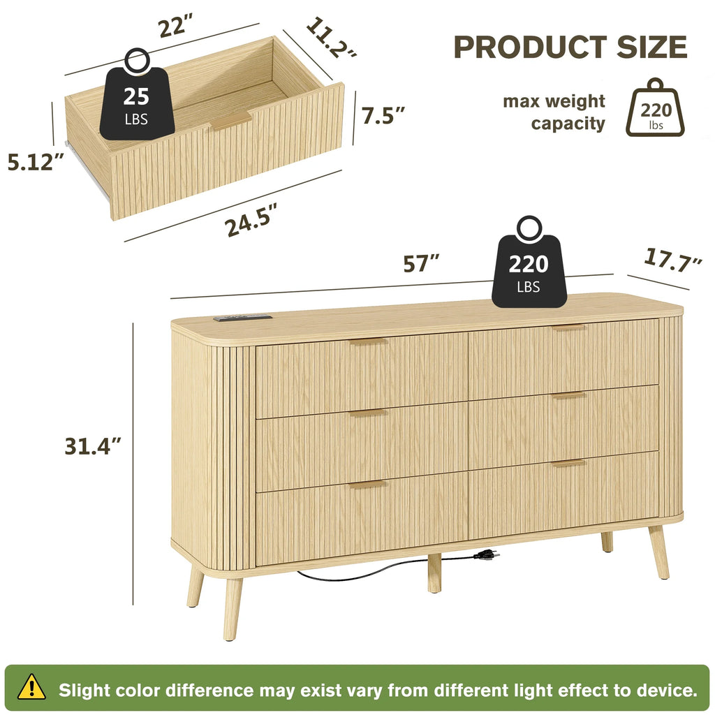 Mid-Century Modern Bedroom Dresser, 57" Wide Fluted 6 Drawer Dresser, Wood Dresser with Curved Profile Design for Closet, Bedroom Living Room, Hallway, Entryway, Home Office (Walnut, 6 Drawers)