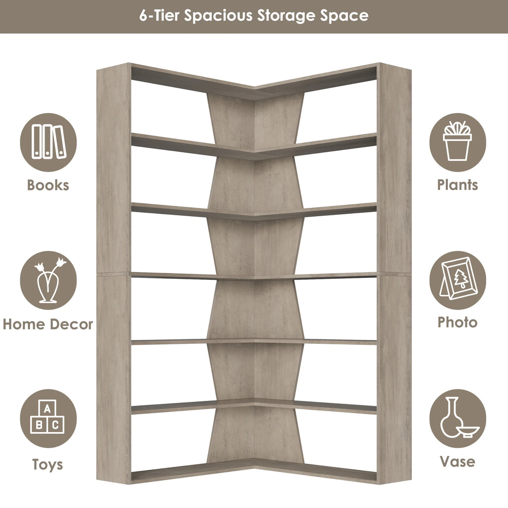 Homfa 6-Tier Corner Bookcase, L-Shaped Bookshelf with Baffle, Storage Display Rack for Office Living Room, Gray