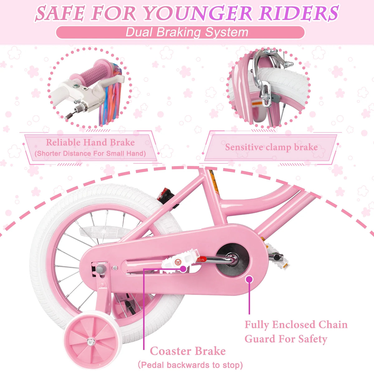 XJD Girls Bike for Toddlers 3-9 Years Old Kids, 14 Inch Kids Bike with Training Wheels, Streamers, Basket and Doll Seat, Children Bicycles with Handbrake