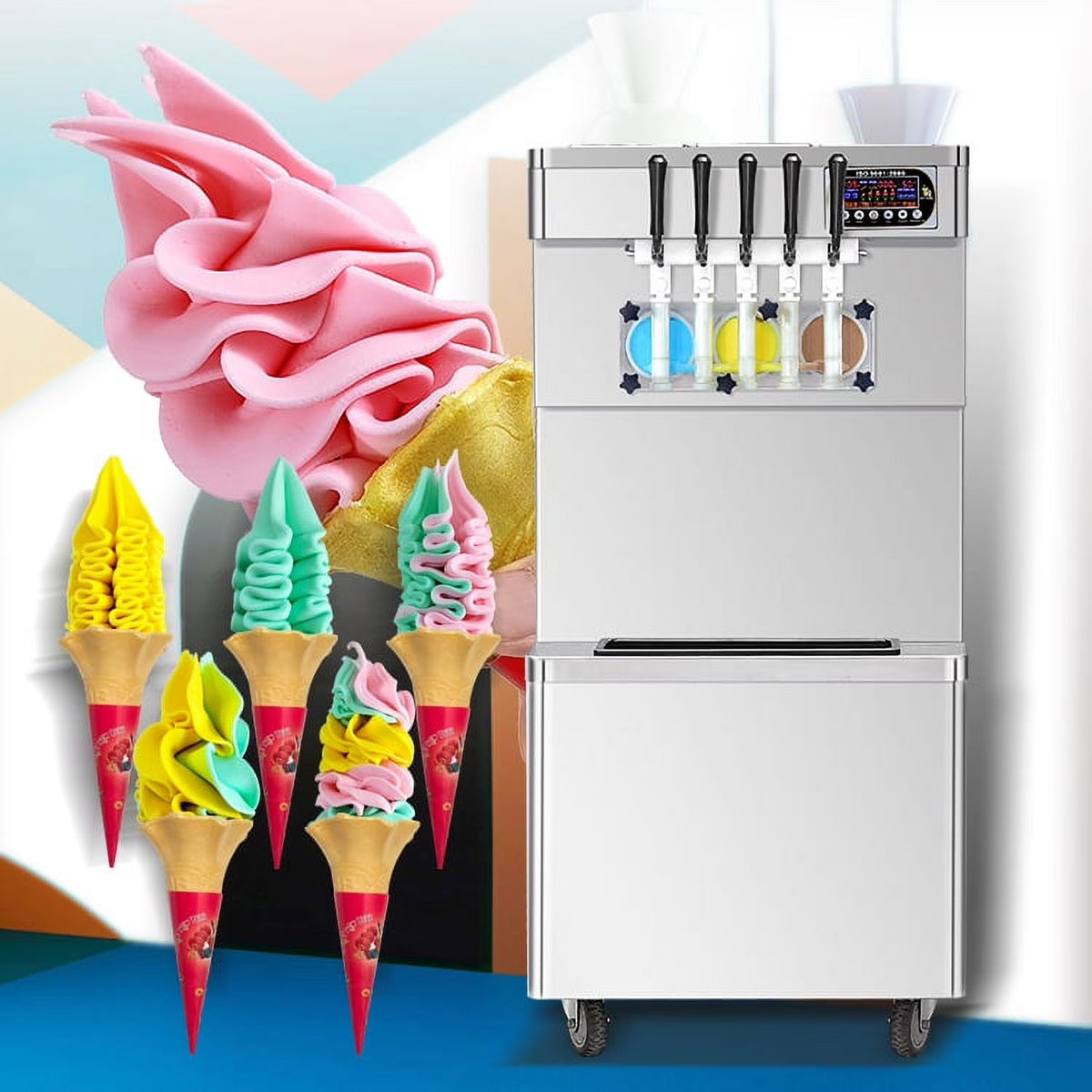 Kolice Commercial ETL 5 Flavors Soft Serve Ice Cream Machine,gelato soft ice cream maker -5 Different Discharge Nozzles,Upper Tanks Refrigerated