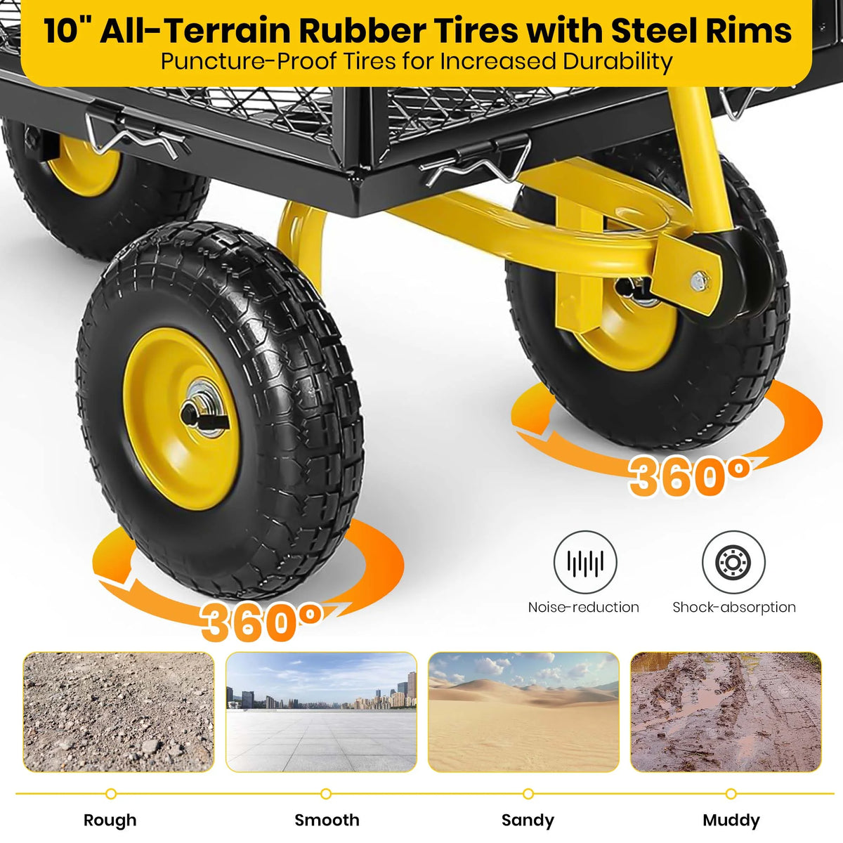 GVDV Heavy Duty Steel Garden Cart with Liner, 660lbs Capacity, 3 Cu ft, 10" All-Terrain Wheels, Black/Yellow Durable Utility Cart for Yard Work, Hauling, and Outdoor Use