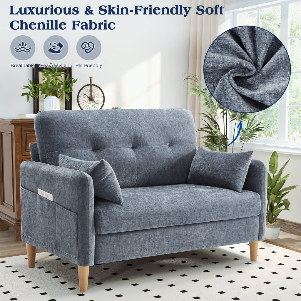 BedLuxury 47'' Wide LoveSeat, 2-seat Chenille sofa with 2 Pillows for Living Room and Small Spaces, Dark Grey