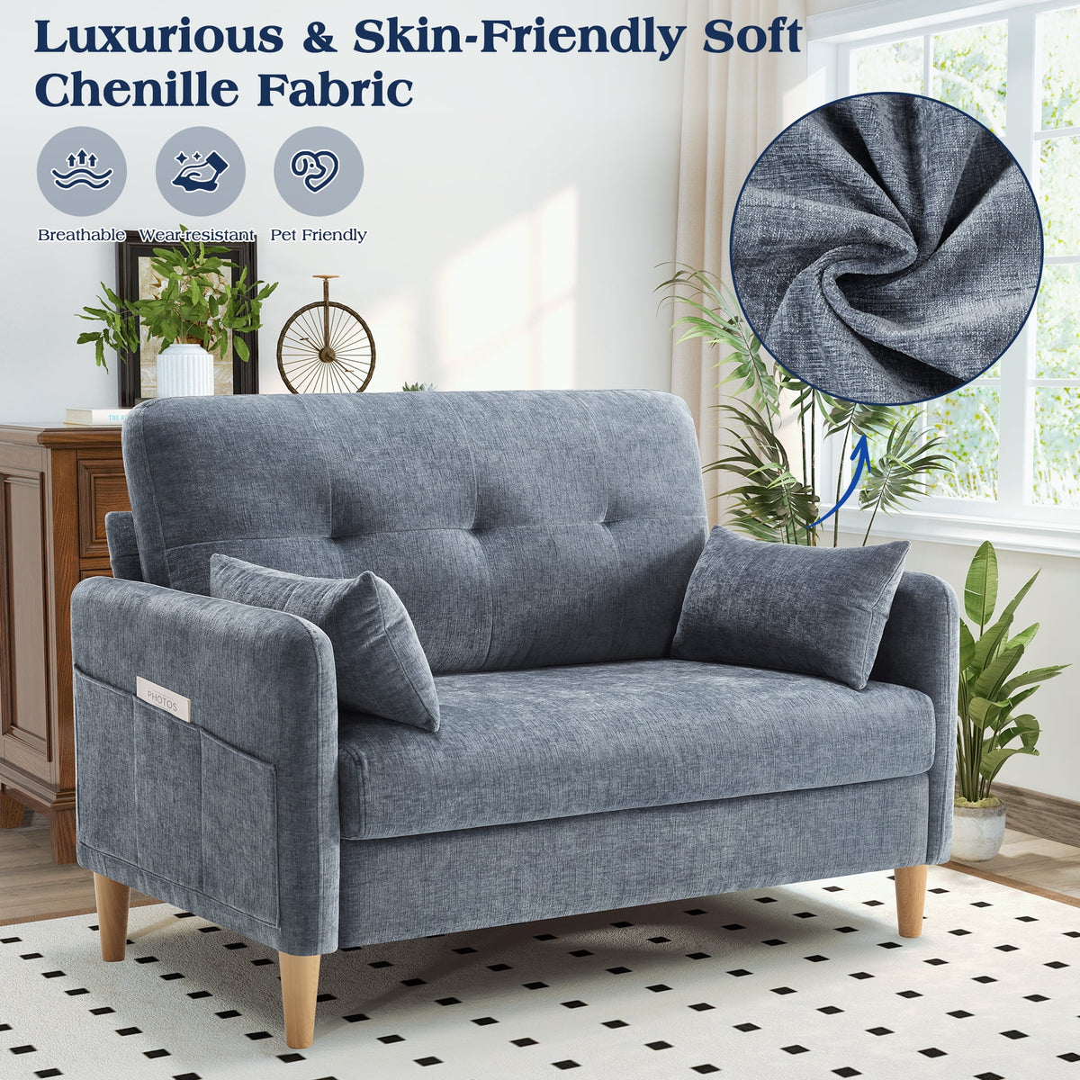 BedLuxury 47'' Wide LoveSeat, 2-seat Chenille sofa with 2 Pillows for Living Room and Small Spaces, Dark Grey