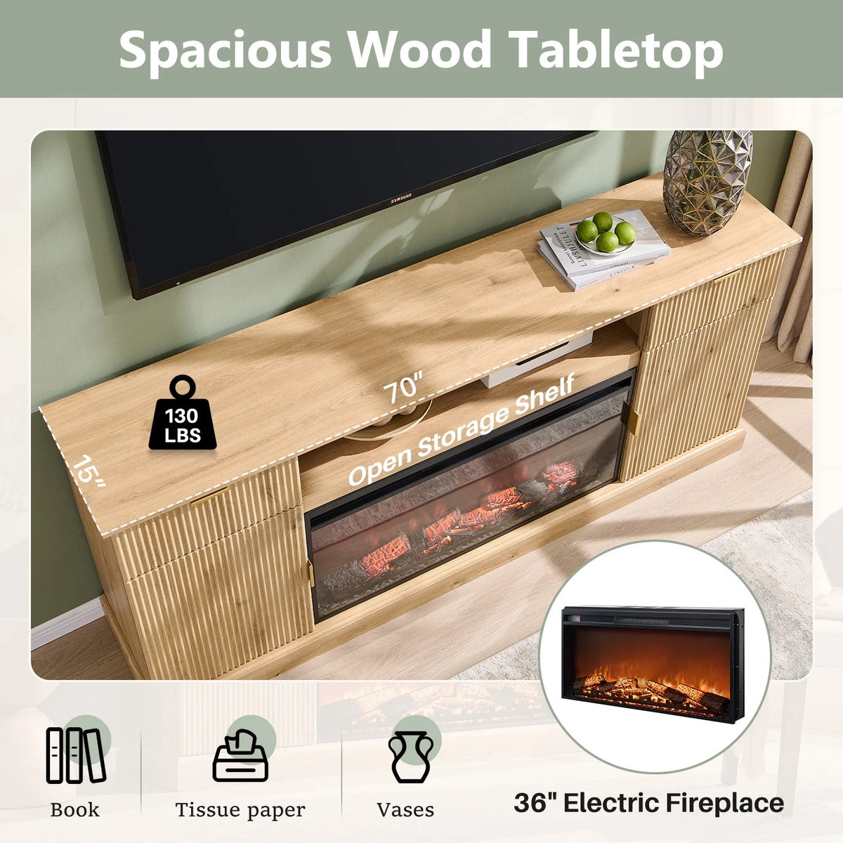 SinCiDo Fluted Fireplace TV Stand for 80 inch, Entertainment Center with 36" Electric Fireplace, 2 Drawers and Adjustable Shelves, Wood TV Stand for Living Room