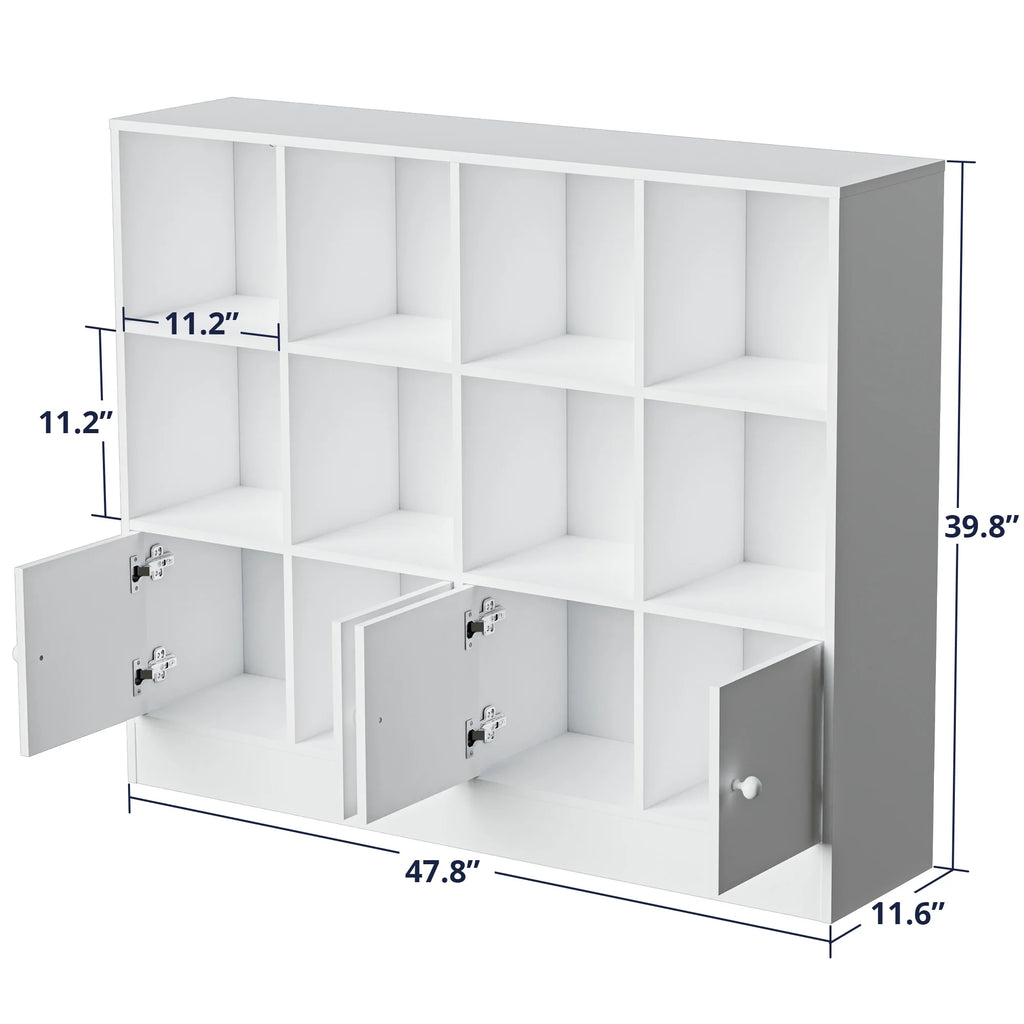 Cozy Castle 3-Tier Open Cube Bookcase with 12 Cubes and 4 Doors, Adjustable Shelves, White