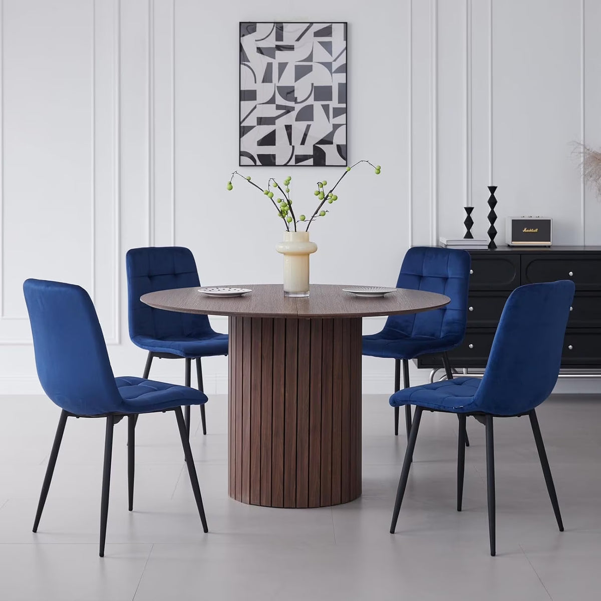 5 Piece Round Dining Table Set - Mid-Century 47 inch Oak Dining Table with 4 Brown Faux Leather Chairs Set, Dinner Table & Chair with Metal Legs for Kitchen Dining Room, Apartment, Bedroom