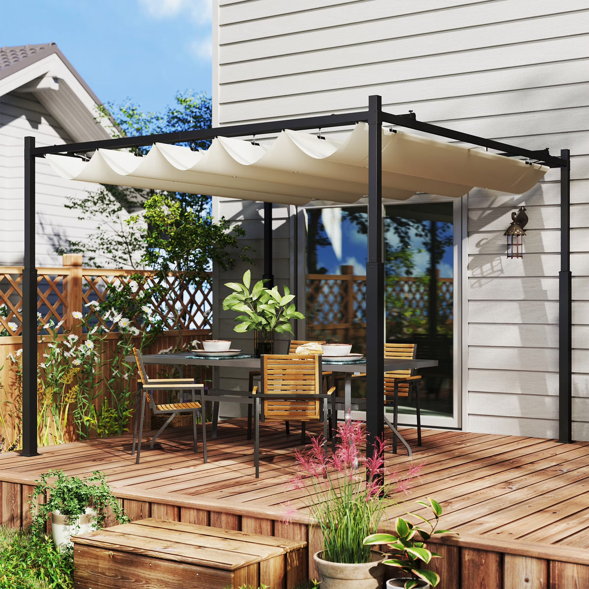 Outsunny 10' x 10' Retractable Pergola with Magnetic Fixture, UPF30+ Patio Pergola, Cream White