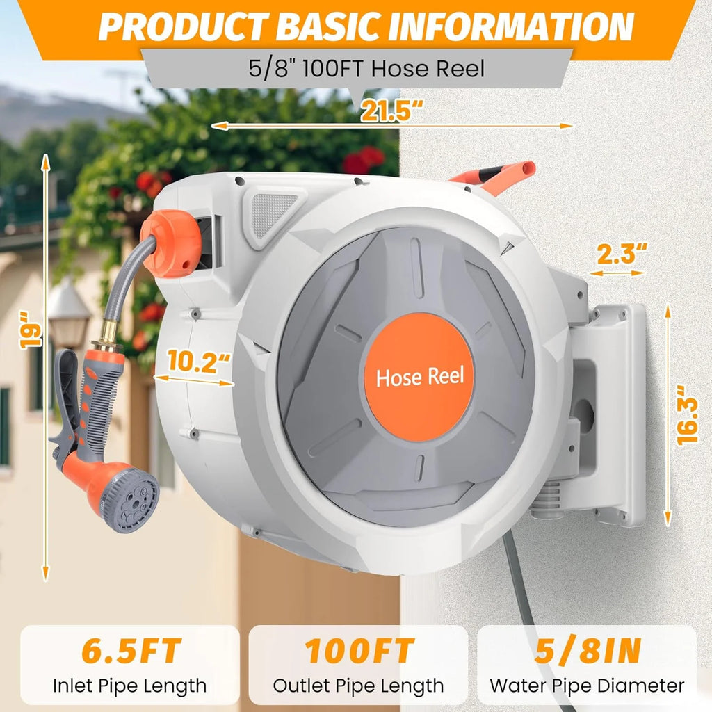 Auto-Retract Wall-Mounted Garden Hose Reel w/9-Pattern Nozzle, 180 Swivel & Any-Length Lock, 600PSI Durable