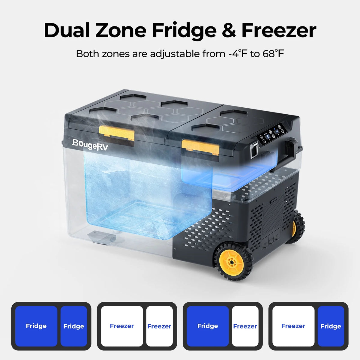BougeRV Car Refrigerator 61QT Dual Zone, 12 Volt Portable Freezer Fridge with Wheels, APP Control Compressor Refrigerator 12V/24V DC for RV Truck Vehicle Boat Outdoor Travel Camping Trip Use