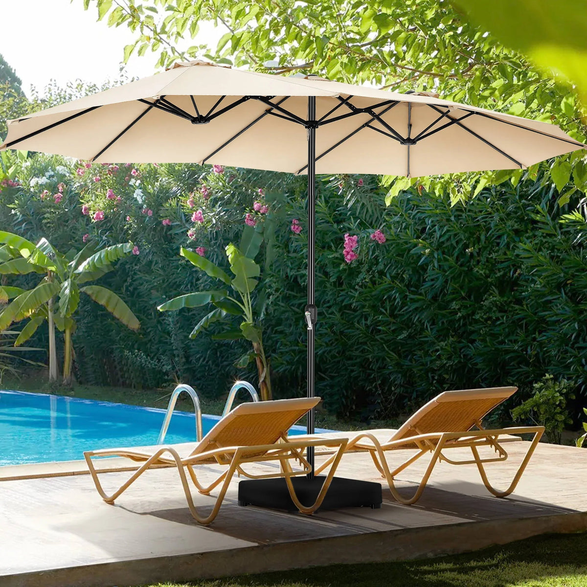 VIBESPARK 15ft Large Outdoor Umbrella Double-Sided Patio Umbrella with Base, Crank Handle, 12 Ribs Rectangular Umbrella for Patio Graden Poolside (Beige)