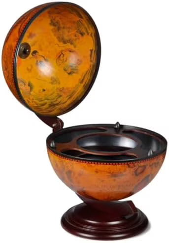 Green & Brown Tabletop Globe Wine Stand - Eucalyptus Wood with Antique Replica Frescoes and 16th  Nautical Maps - Assembly Required