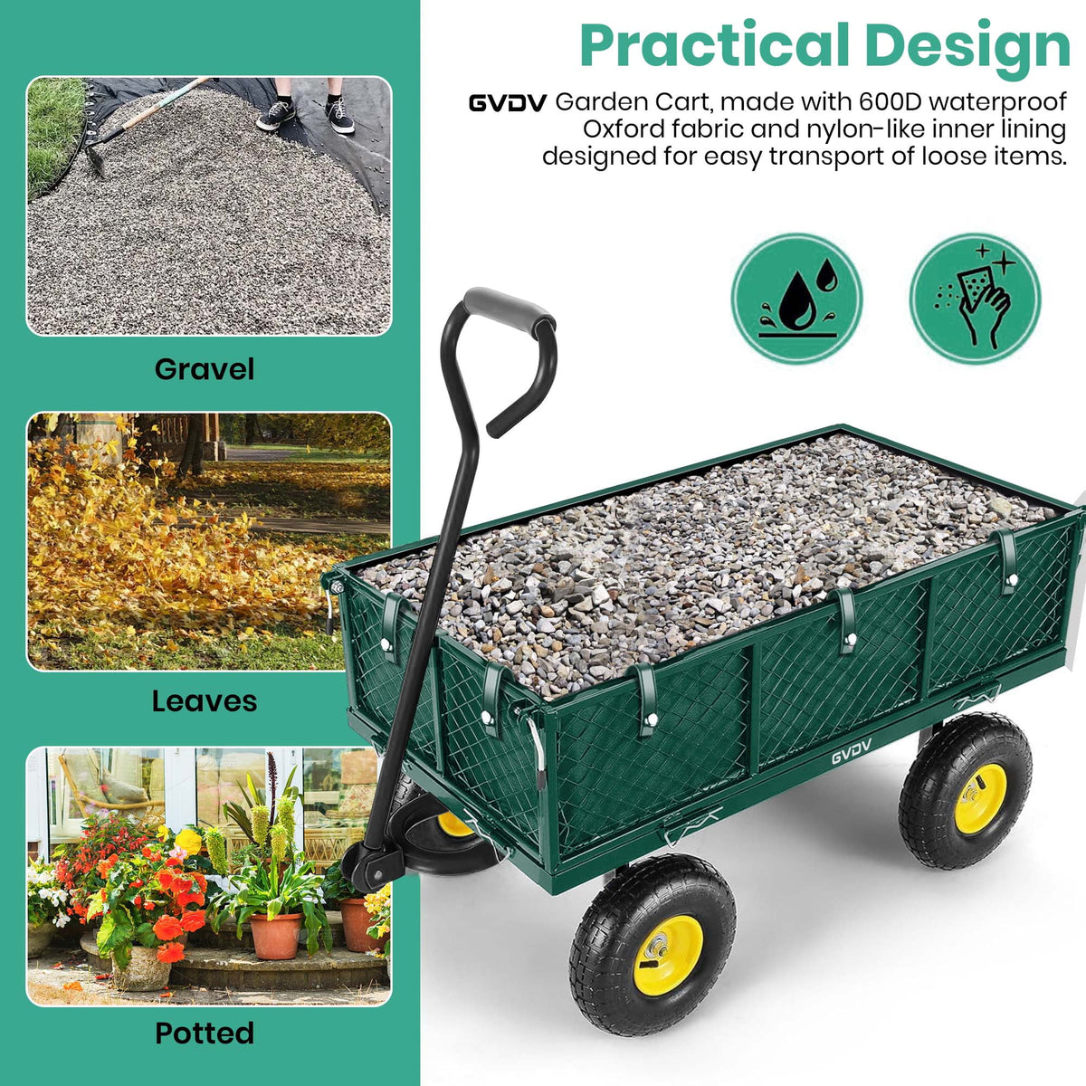 GVDV Heavy Duty Steel Garden Cart with Liner, 660lbs Capacity, 3 Cu ft, 10" All-Terrain Wheels, Black/Yellow Durable Utility Cart for Yard Work, Hauling, and Outdoor Use