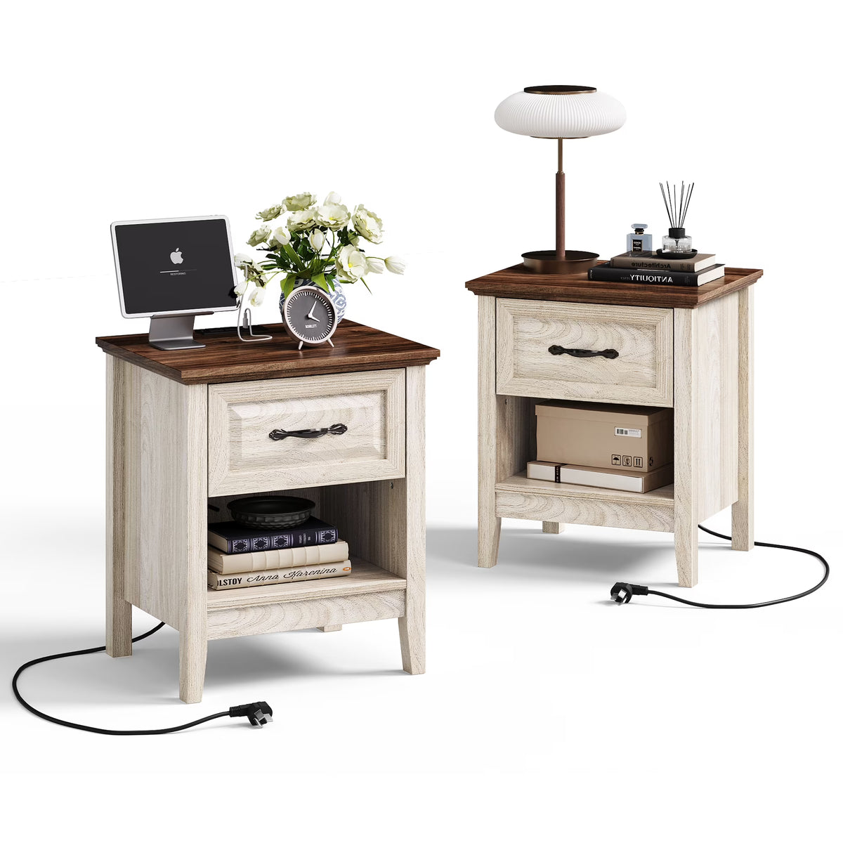 Linsy Home Nightstand for Bedroom set of 2 with Charging Station, Farmhouse End Tables for Living Room set of 2 with Drawer, Beige