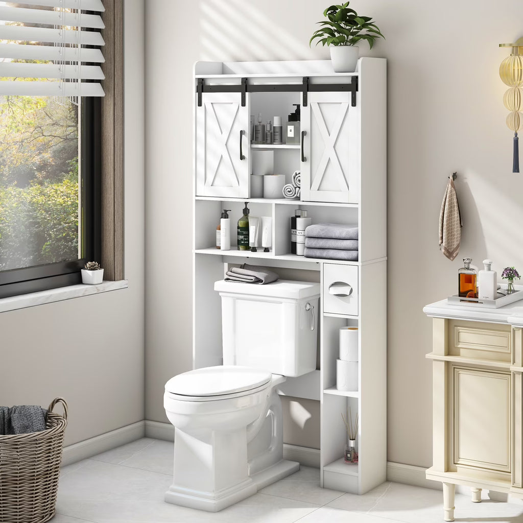 Over The Toilet Storage Cabinet, Farmhouse Storage Cabinet Over Toilet with Sliding Doors Home Space-Saving Toilet Rack, for Bathroom, Restroom, Laundry