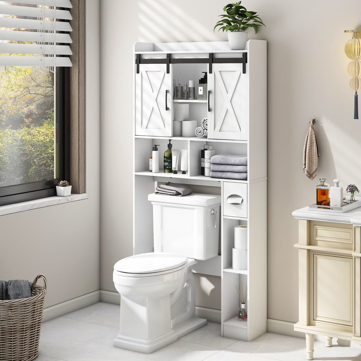 Over The Toilet Storage Cabinet, Farmhouse Storage Cabinet Over Toilet with Sliding Doors Home Space-Saving Toilet Rack, for Bathroom, Restroom, Laundry