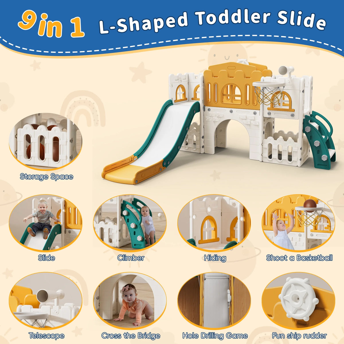 WFUN 9 in 1 Toddler Slide PlaySet for kids indoor/outdoor for Toddlers Age 1+, Blue & Gray