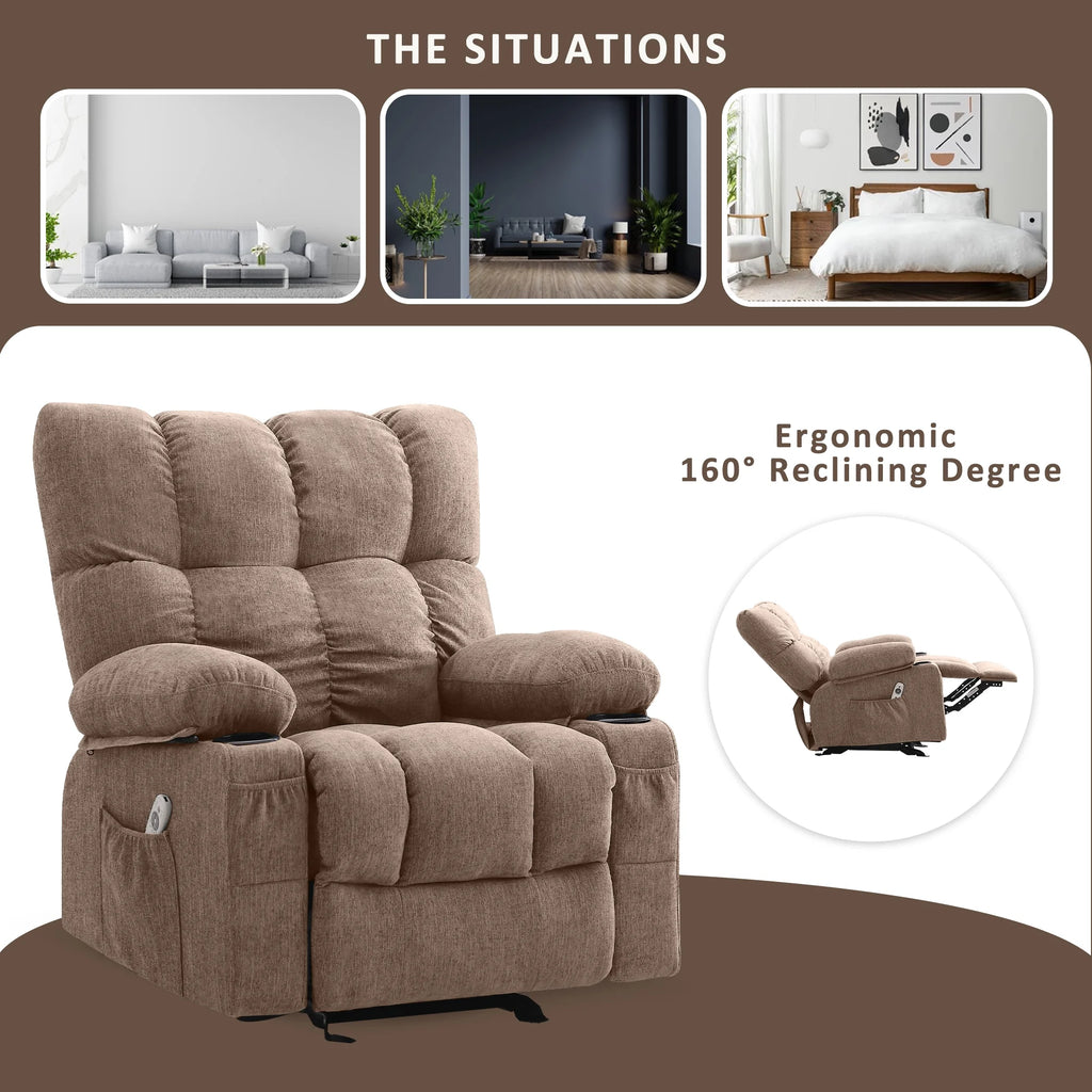 JONPONY Manual Recliner Chair with Heat Therapy and Massage Function, Heavy Duty Reclining Mechanism Massage Chair, Elderly Single Rocker Sofa with Cup Holders for Bedroom Home Theater,Grey