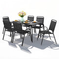 Seizeen Outdoor Dining Set for 6, Plastic Wood Patio Furniture Set with Steel Frame, Space-saving Dining Table and Chairs Stockable Design, All-weather Porch Garden Yard Conversation Furniture, Black