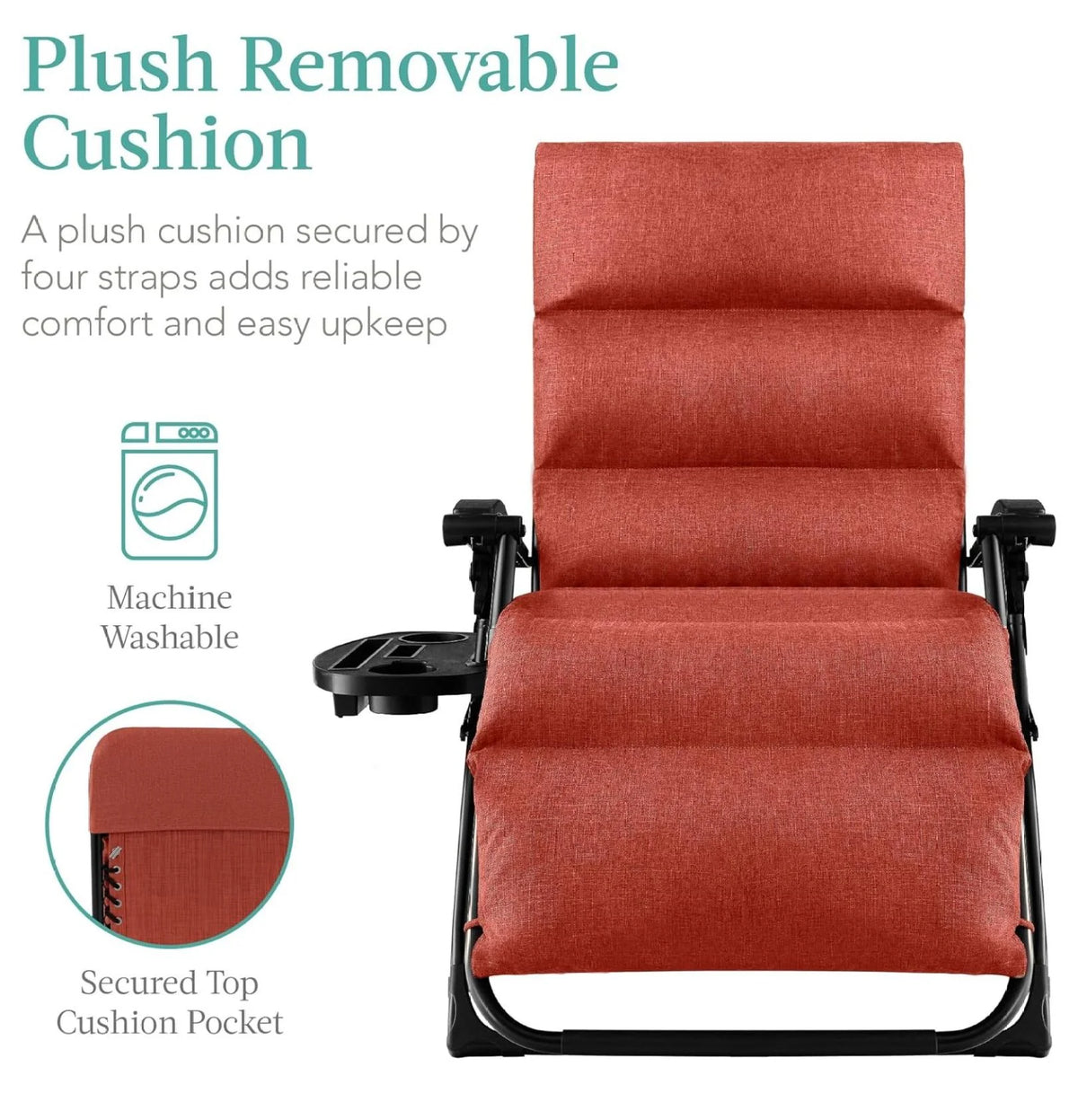 Oversized Chair, Folding Outdoor Patio Recliner, XL Anti Gravity Lounger w/Removable Cushion, Cup Holder, Side Tray, 350lb Capacity - Taupe
