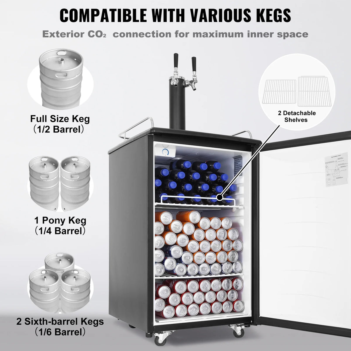 KFFKFF Draft Beer Dispenser Beer Kegerator Full Size Keg Refrigerator Dual Tap