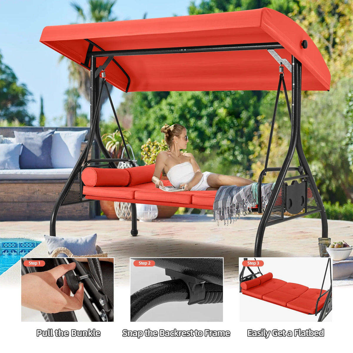 Homrest 3 Seat Outdoor Porch Swing with Adjustable Canopy, Cushions, and Cup Holder - Wine Red