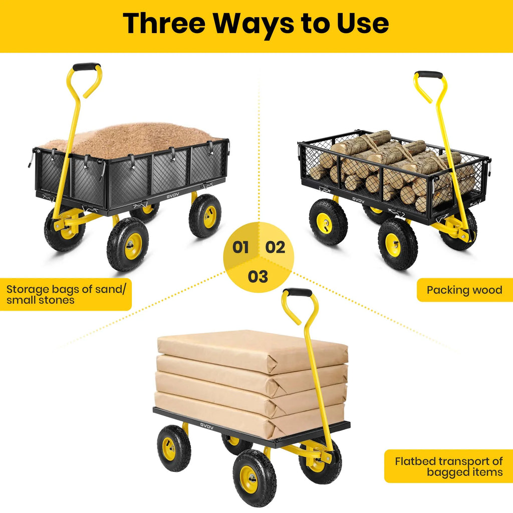 GVDV Heavy Duty Steel Garden Cart with Liner, 660lbs Capacity, 3 Cu ft, 10" All-Terrain Wheels, Black/Yellow Durable Utility Cart for Yard Work, Hauling, and Outdoor Use