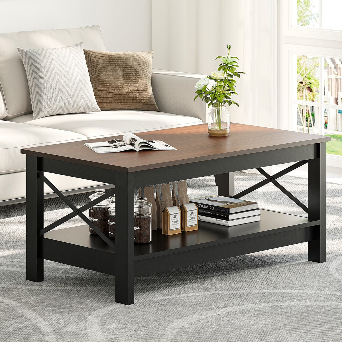 Moasis Farmhouse Coffee Table with Storage 2-Tier Center Table for Living Room Grey Wash Top+White
