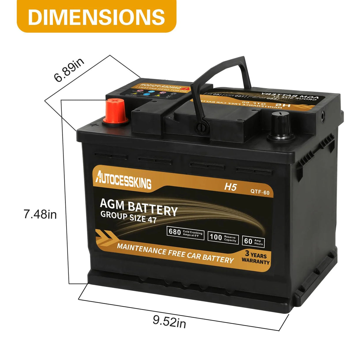 Autocessking Platinum AGM Battery, Group 47 Rechargeable Automotive Batteries for Car, 12V H5 680CCA 60Ah 100RC