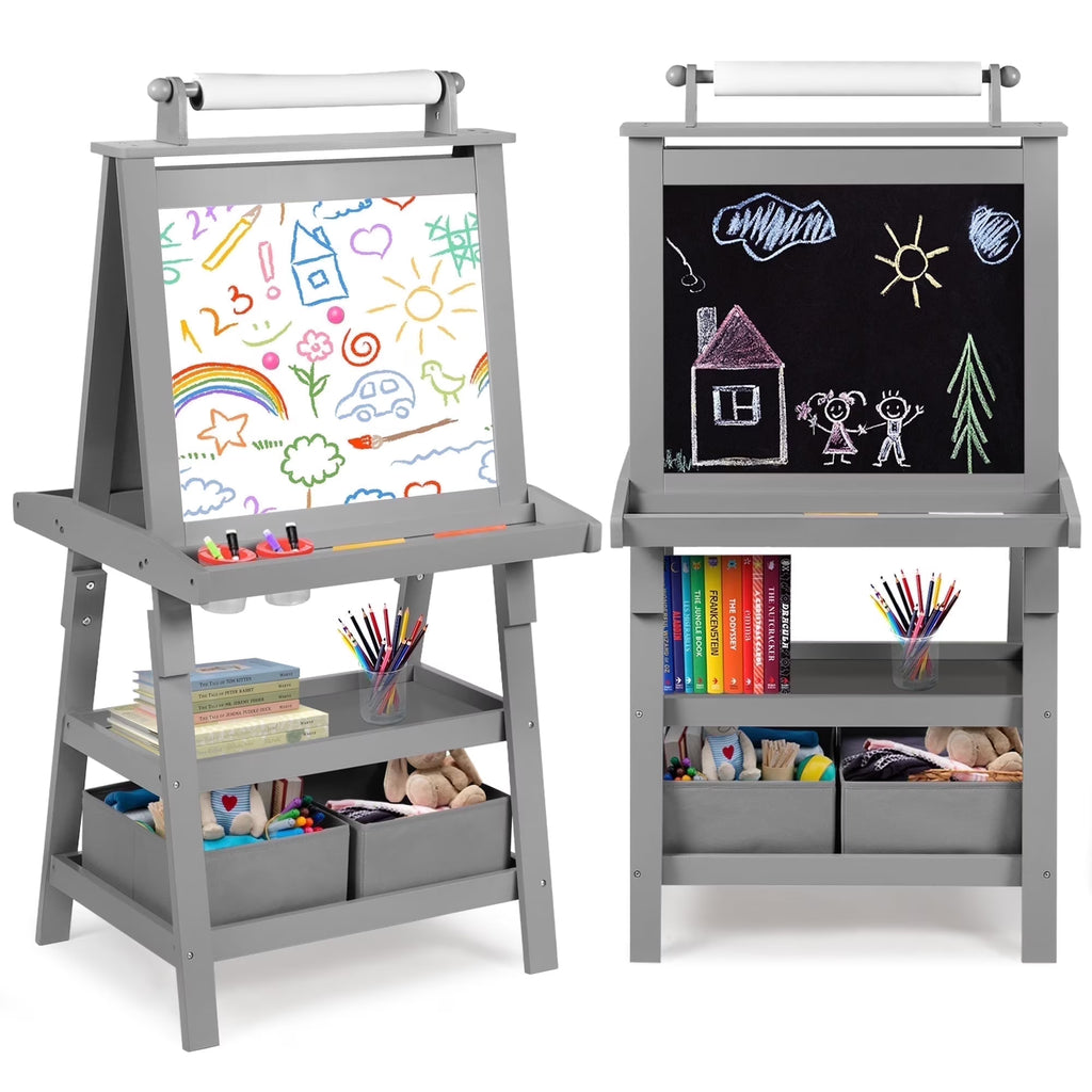LINLUX 3 in 1 Art Easel for Kid, Whiteboard for Kid with Stand, Magnetic Chalkboard Pizarra, Grey