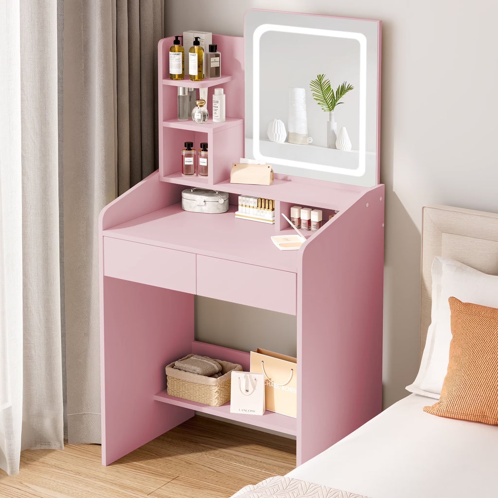 LIVELYGLOW Vanity Desk Set with Square Mirror and Light- Small Vanity Table with Drawers- White
