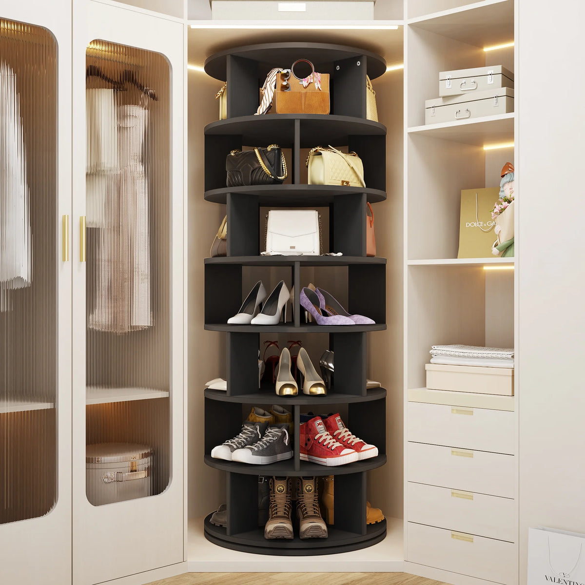 Homieasy Rotating Shoe Rack Tower, 7-Tier Spinning Shoe Rack 360 Revolving Shoe Rack Organizer for Closet, Display Round Storage Carousel Shoes Closet Organization, Black