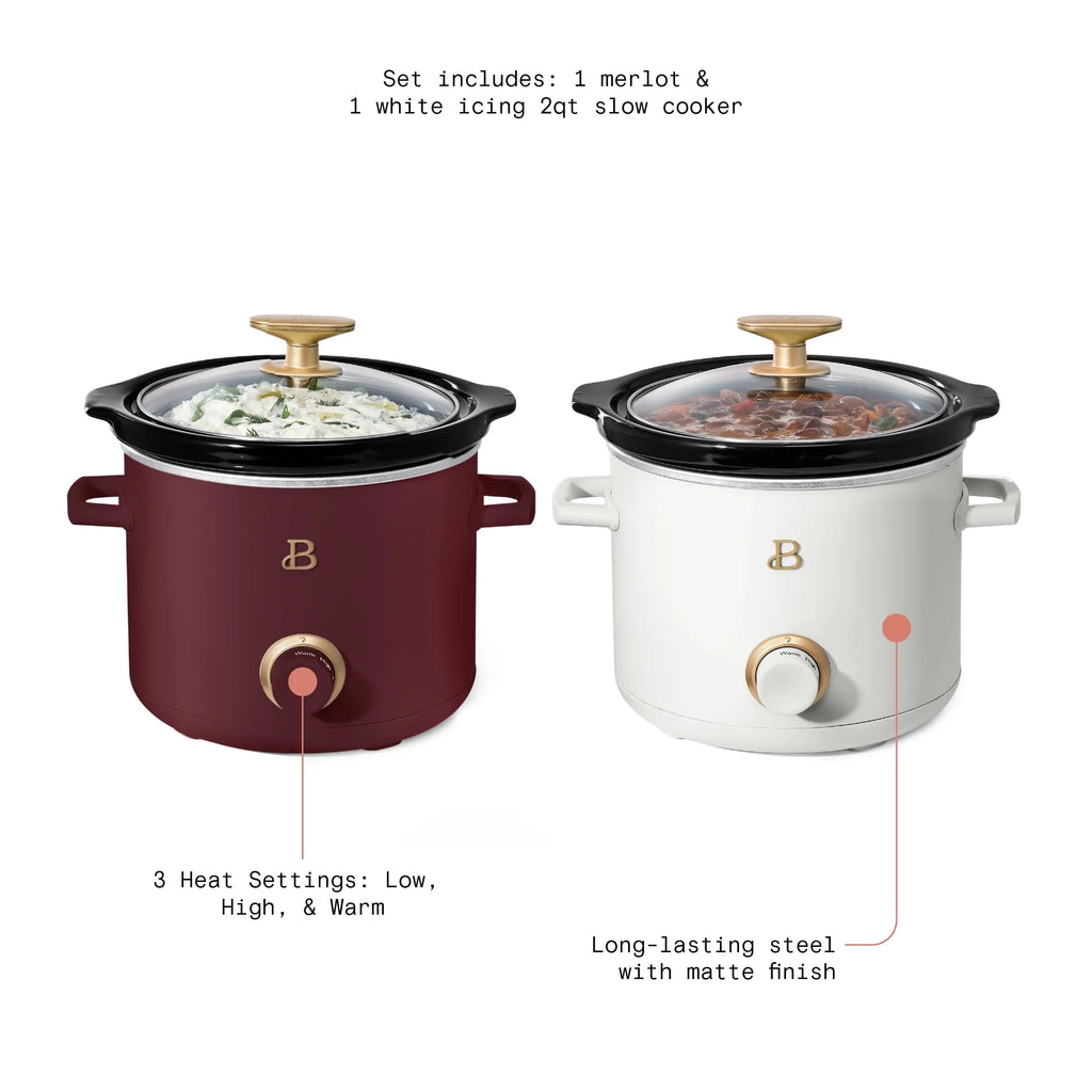 Beautiful 2 qt Slow Cooker Set, 2-Pack, White Icing and Merlot by Drew Barrymore, 19340, 100 W