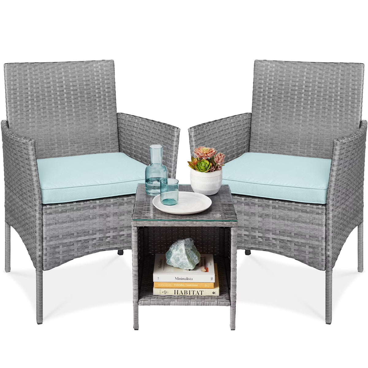 Best Choice Products 3-Piece Outdoor Wicker Conversation Patio Bistro Set, w/ 2 Chairs, Table - Gray/Navy