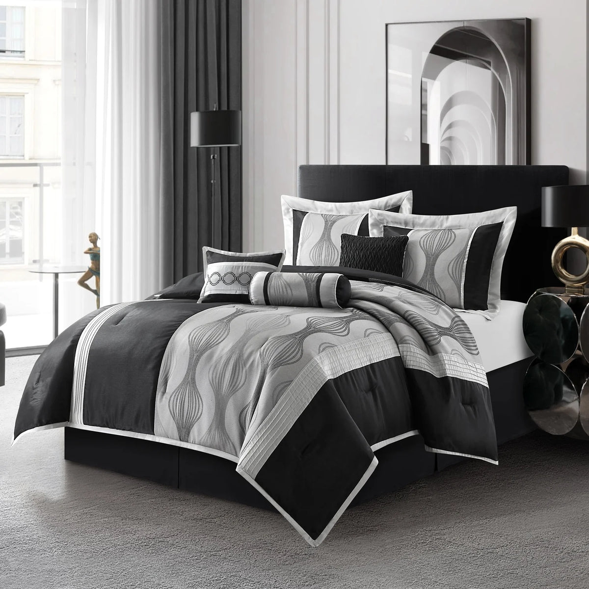 Lanco Black Silver Comforter Set , California King Size , 7 Pieces Fashion Jacquard Bedding Set