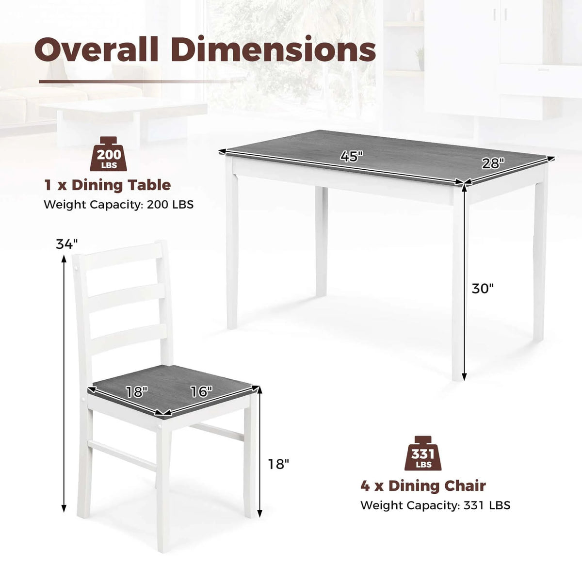Costway 5-Piece Dining Set Solid Wood Kitchen Furniture with Rectangular Table & 4 Chairs