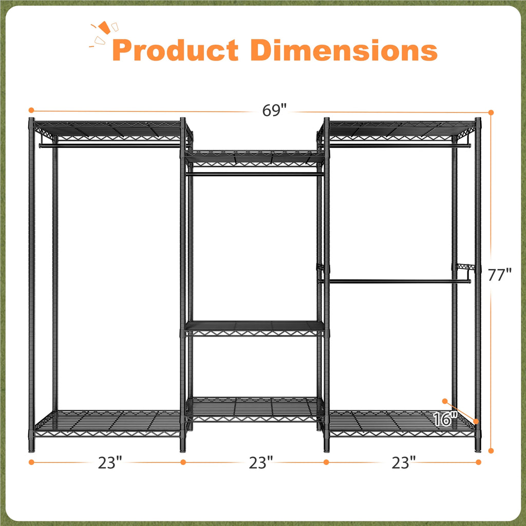 EnHomee 830 LBS Clothes Rack Heavy Duty Garment Rack with 4 Rods & 7 Shelves, Adjustable Metal Closet Organizer 77"H x 69"W x 16"D Black