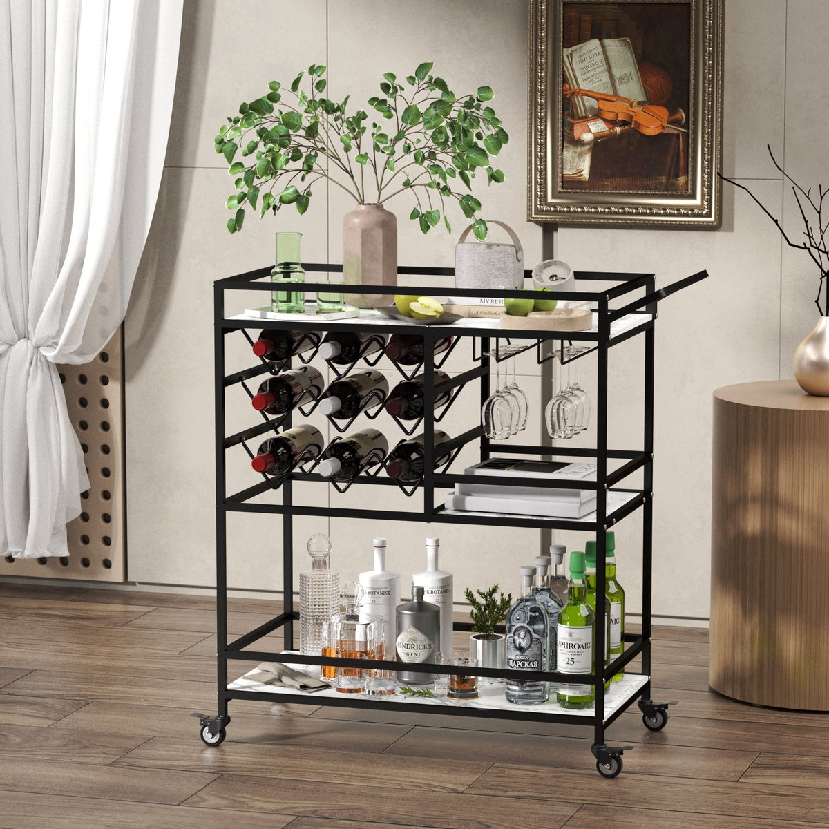 WHIFEA 3-Tier Home Bar Cart with Wine Rack, Mobile Serving Wine Cart on Wheels, Modern Rolling Drink Trolley for Coffee Tea Wine, Beverage Bar Table for Home Kitchen Party, Black