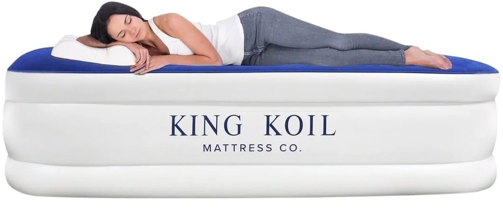 King Koil Pillow Top Plush Queen Air Mattress With Built-in High-Speed Pump Best For Home, Camping, Guests, Queen Size Luxury Double Airbed Adjustable Blow Up Mattress, Waterproof, 1-Year Warranty