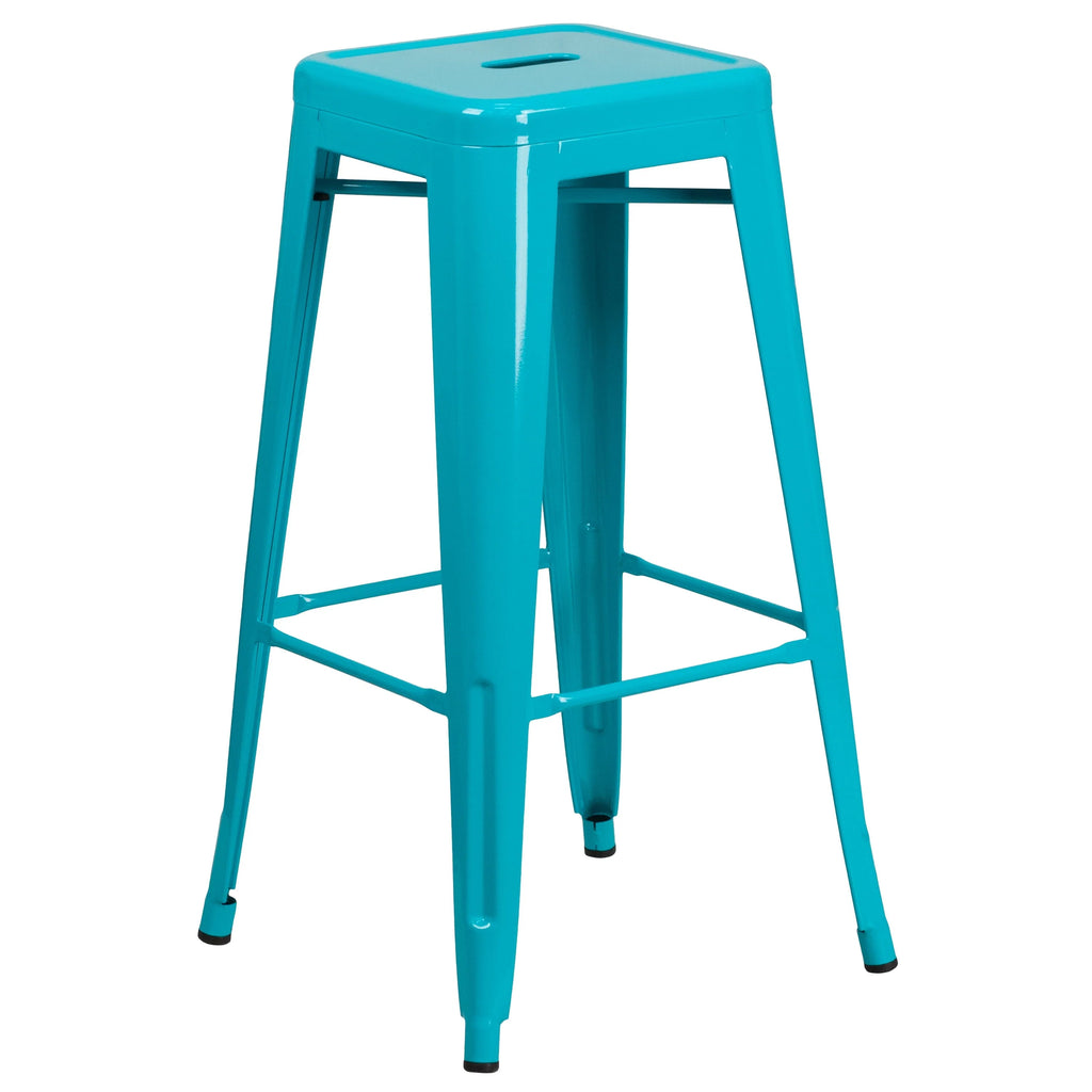 Merrick Lane Crystal Blue 30" High Backless Metal Bar Height Stool with Square Seat for Indoor-Outdoor Use