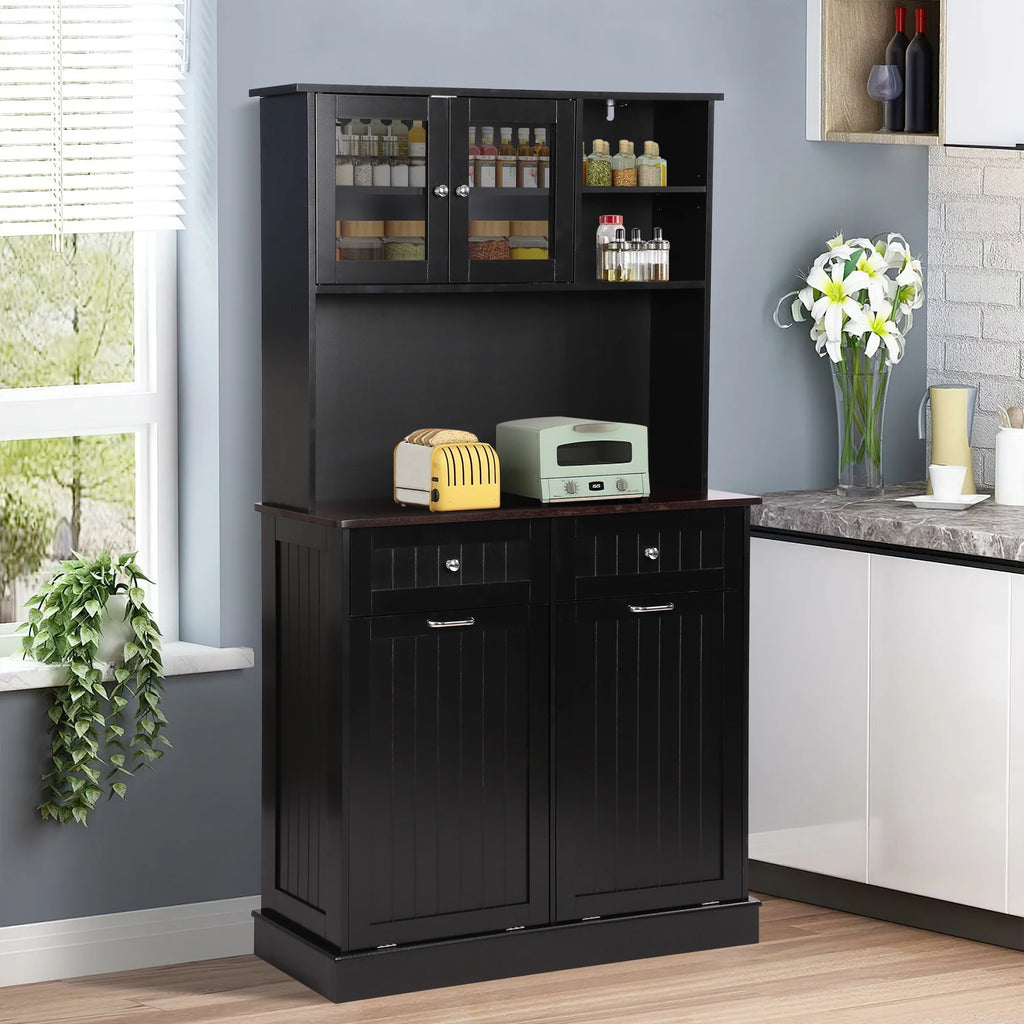 KIGOTY Dual Kitchen Trash Cabinet, Double Tilt Out Trash Can Cabinet with Countertop and Drawer, Free-Standing Pet Proof Recycling Cabinet Garbage Can Holder, Wood (White)