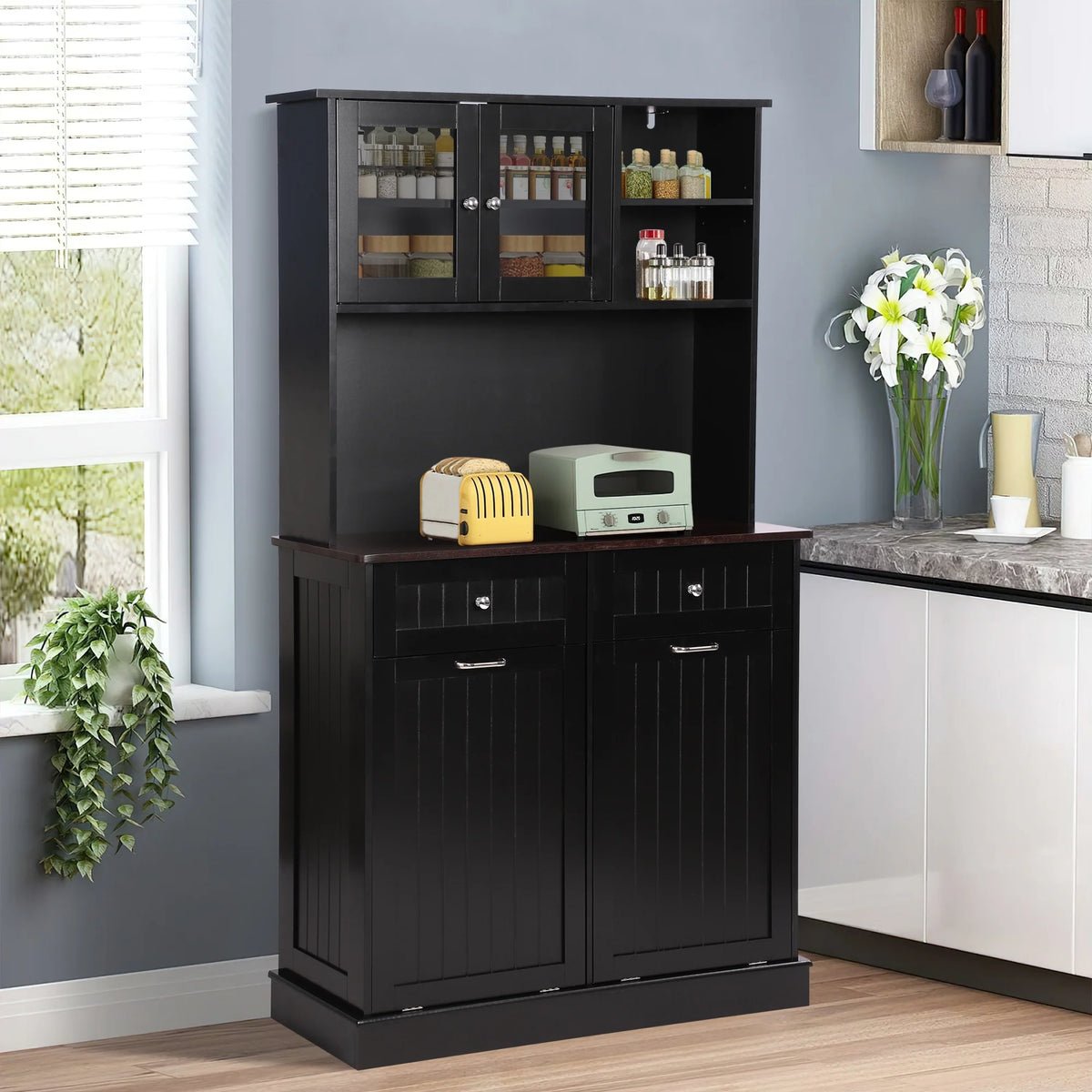 KIGOTY Dual Kitchen Trash Cabinet, Double Tilt Out Trash Can Cabinet with Countertop and Drawer, Free-Standing Pet Proof Recycling Cabinet Garbage Can Holder, Wood (White)