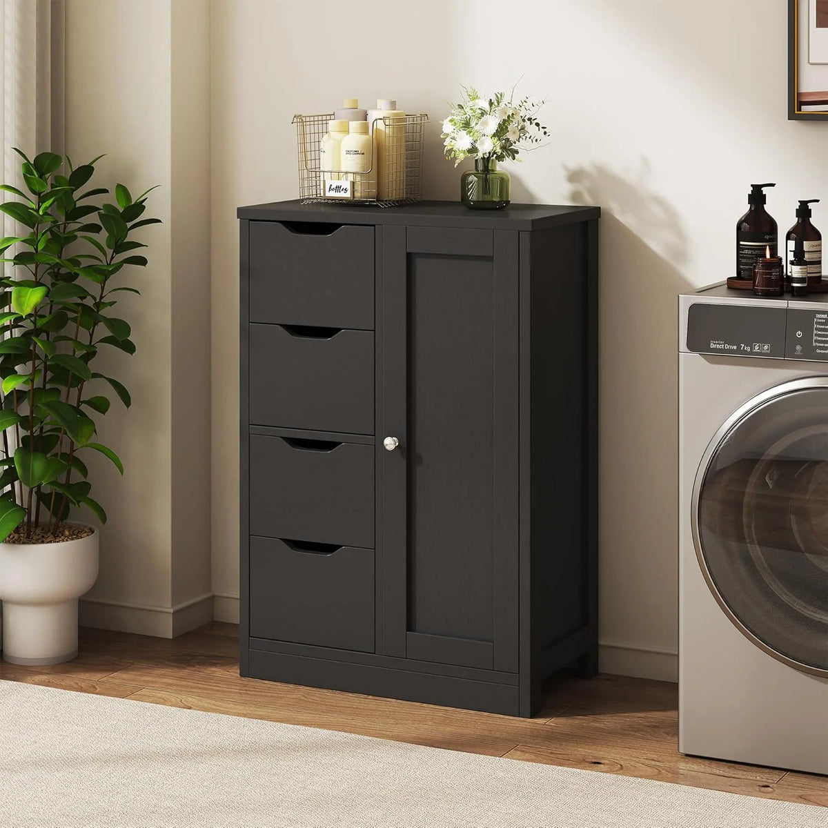 Vongrasig Farmhouse Freestanding Pantry Cabinet with 2 Drawers and Shelves, Wooden Storage Organizer for Bathroom, Living Room, Grey