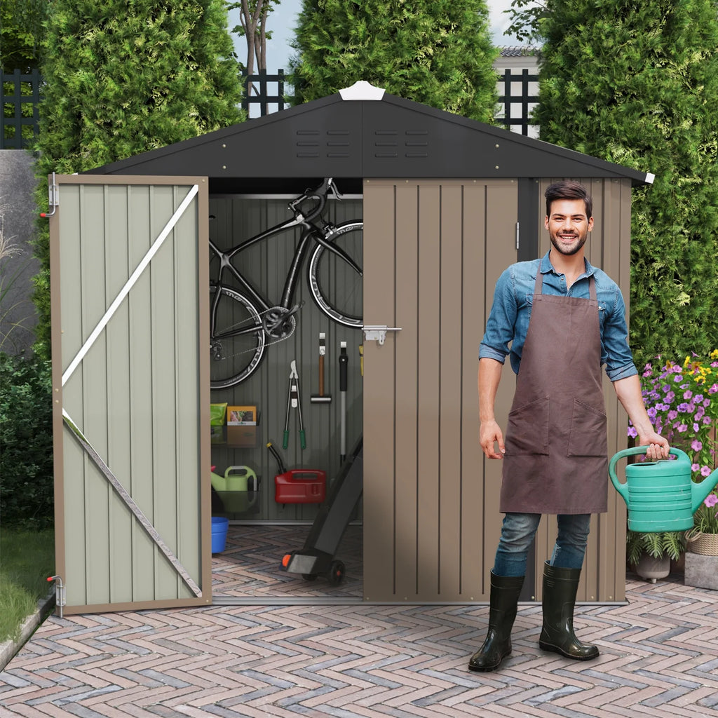 LACOO 4' x 6' Outdoor Storage Metal Shed for Tool Storage, Outdoor House for Backyard & Garden,Brown