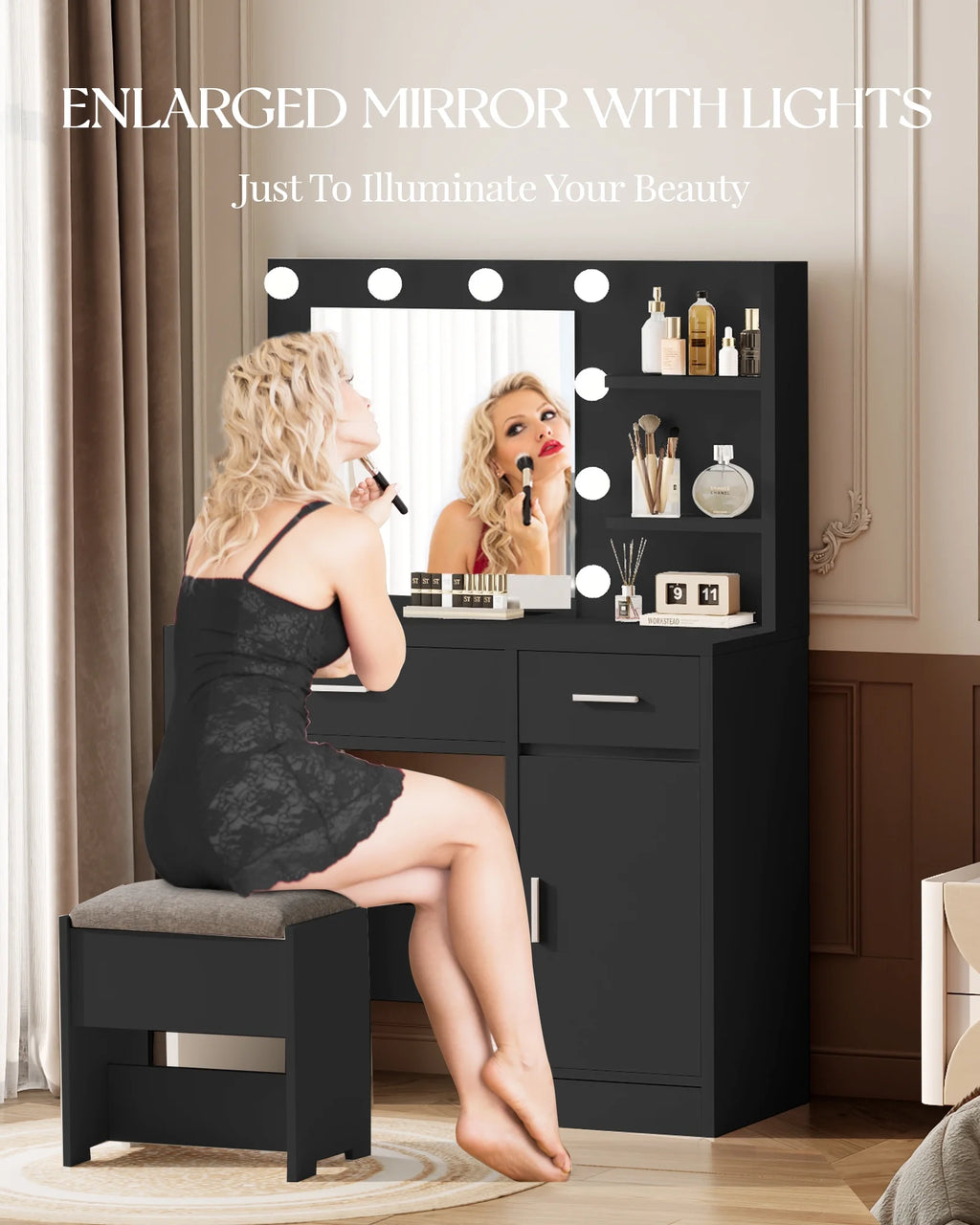 LIVELYGLOW Vanity Desk with Mirror and Lights, Makeup Vanity with Drawer & Storage Shelves, Cabinet, 3 Lighting Modes Adjustable Brightness,White