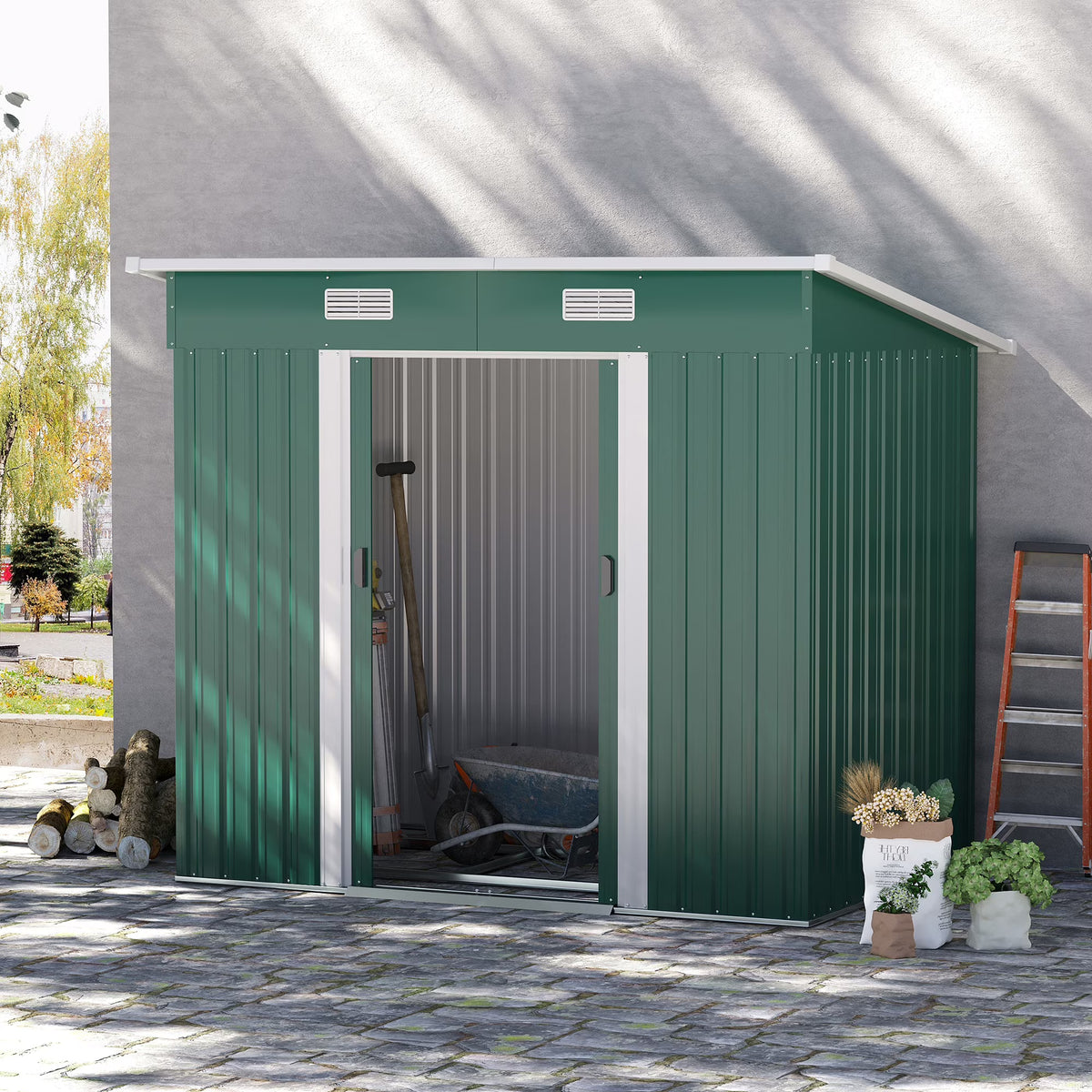 Outsunny Metal Outdoor Storage Shed with Lockable Doors, 3.3' x 3.4', Brown