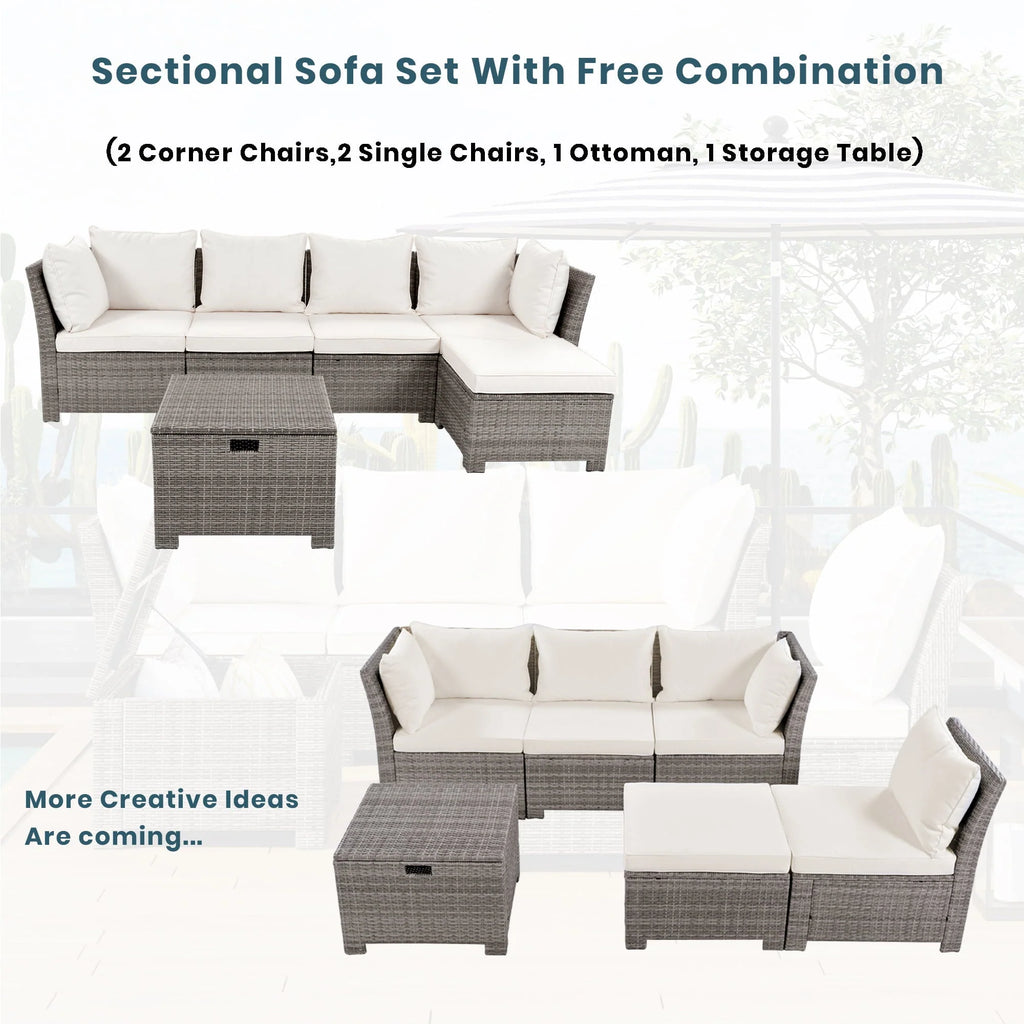 Euroco 6-Piece Outdoor Sofa Set with Storage Box, PE Wicker Seating Set for 5, Beige